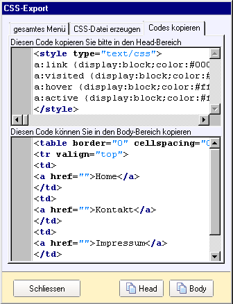 Exportdialog mit getrenntem Code (Head,Body)